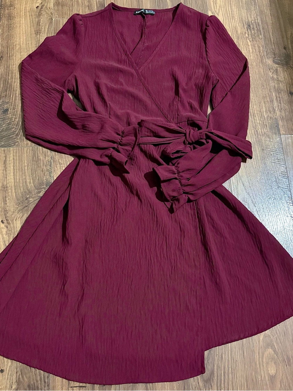SHEIN Burgundy Long-Sleeve Wrap Midi Dress